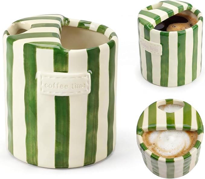 10oz Ceramic Coffee Mug with Sip Hole, Striped Espresso Cups for Hot & Cold Drinks and Microwave & Dishwasher & Freezer Safe, Ideal for Home Desk Kitchen Office Dorm Cafe Travel Daily - Green