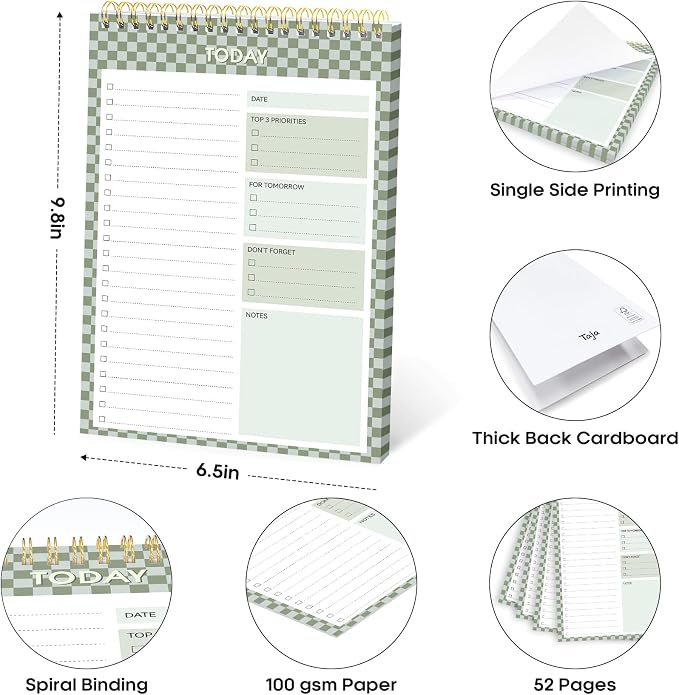 Taja To Do List Notepad, Undated Daily Planner for Work and Goal Setting | Mint Checkered, 52 Sheets, 9.8" x 6.5" , for Office, Home and school, Daily Task Planning, Notes and Everyday Organization