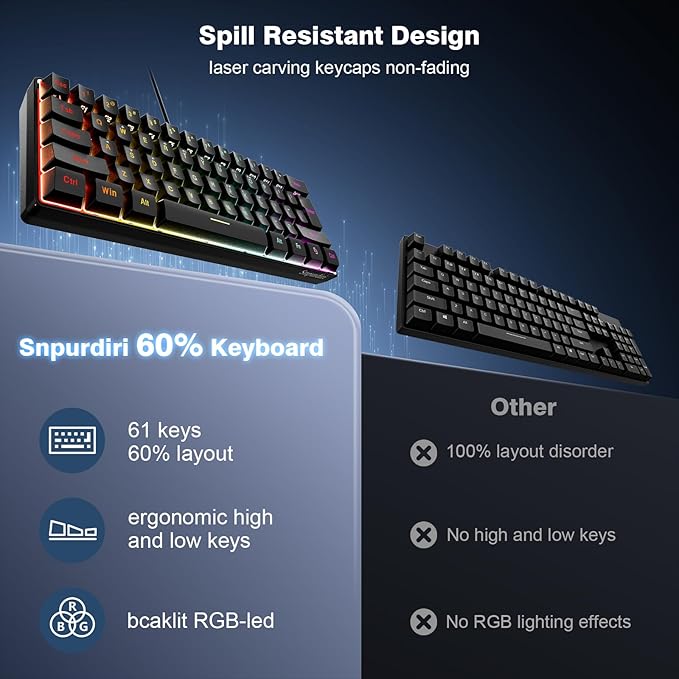 Snpurdiri 60% Wired Gaming Keyboard, 61 Keys RGB (Black) | Backlit Ultra-Compact Mini Gaming Keyboard for PC/Mac Gamer, Typist, Travel, Easy to Carry on Business Trip