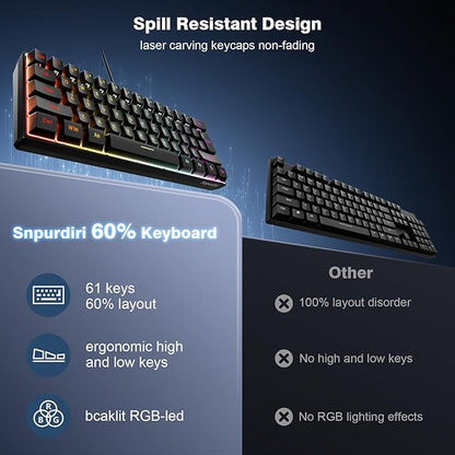Snpurdiri 60% Wired Gaming Keyboard, 61 Keys RGB (Black) | Backlit Ultra-Compact Mini Gaming Keyboard for PC/Mac Gamer, Typist, Travel, Easy to Carry on Business Trip