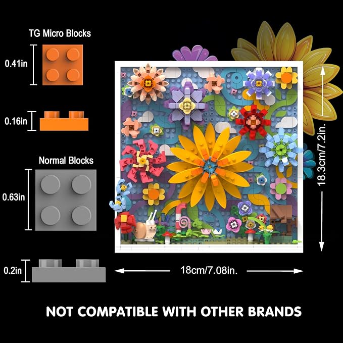 TG BLOCKS Micro Brick Flower World Building Set, 3D Floral Wall Art Home Office Decoration or Table Display, Creative Building Craft Set, Ideas Gift Building Toy for Adults,Teens Ages 8+ Kids