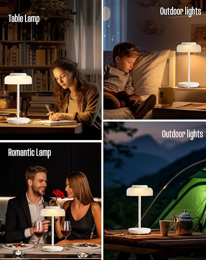 QiMH Battery Operated LED Table Lamp, 5000mAh Cordless Desk Lamp with 3 Level Brightness Touch Control, Mini Rechargeable Night Light for living room, Bedroom, outdoor bar (White)