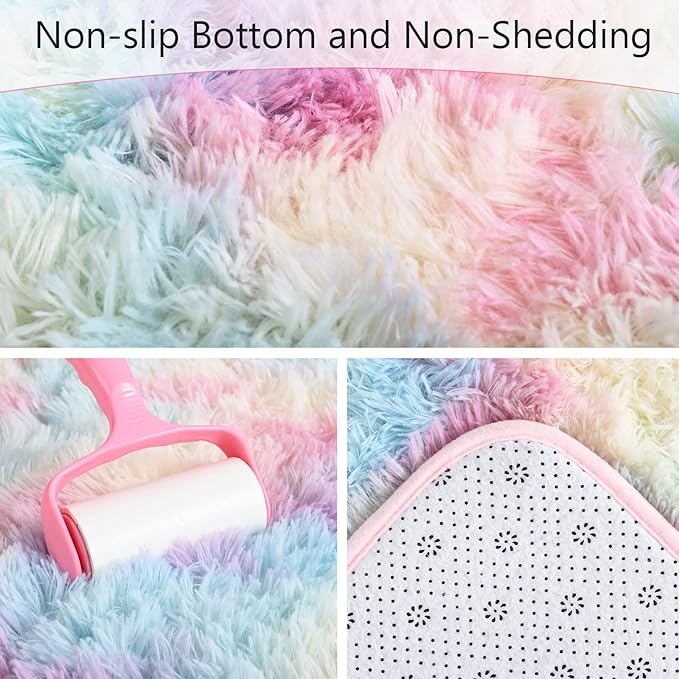 AROGAN Soft Rainbow Area Rugs for Girls Room 3x5 Feet, Fluffy Girls Bedroom Rugs, Princess Rug, Cute Colorful Carpet for Kids Teens Nursery Toddler, Pink