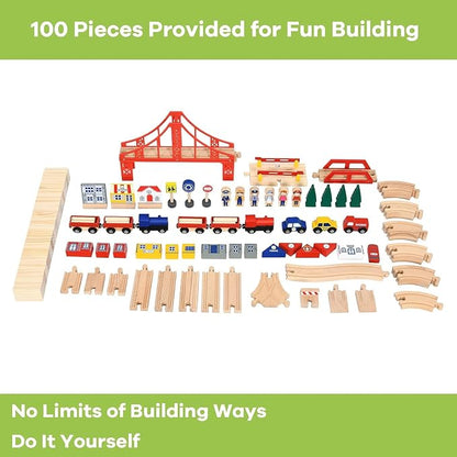 Costzon Train Table with 100 Multicolor Pieces, Wooden Kids Activity Table with Large Rolling Storage Drawer, Tracks, Cars, DIY Design, Train Set Table for Toddlers 3+, Gift for Boys Girls