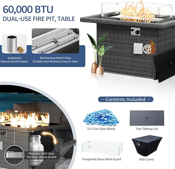 NICESOUL 13 Piece Patio Set with Fire Pit Table, Luxury Large Size Outdoor Furniture with Firepit & Chaise Lounge, 29.3" Highback Deep Seating 500 lbs Heavy Duty for Backyard, Deck, Dark Grey