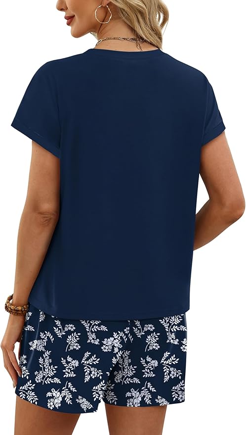 WIHOLL Two Piece Sets for Women Summer Lounge Short Sets Cap Sleeve Crew Neck Sweatsuit with Pocket XS-2XL