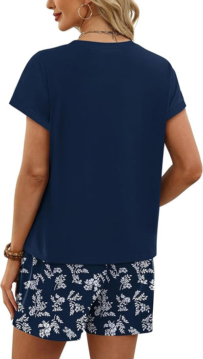 WIHOLL Two Piece Sets for Women Summer Lounge Short Sets Cap Sleeve Crew Neck Sweatsuit with Pocket XS-2XL