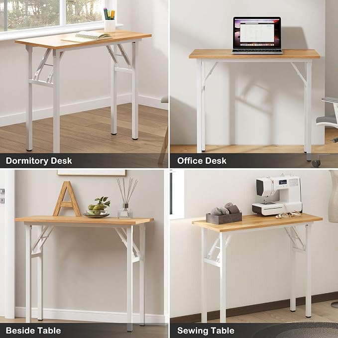 Need Small Computer Desk 31.5 in Folding Home Office Table Teak | White Frame Writing Gaming Work Table/Sturdy Foldable Study Table for Small Space/Dormitory, No Assembly Required