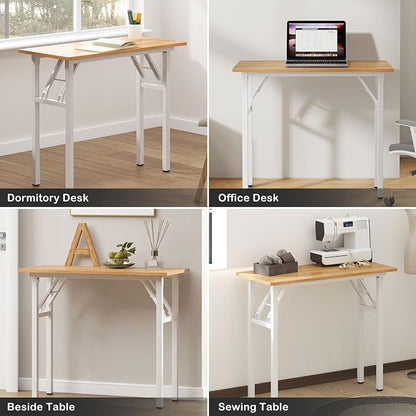 Need Small Computer Desk 31.5 in Folding Home Office Table Teak | White Frame Writing Gaming Work Table/Sturdy Foldable Study Table for Small Space/Dormitory, No Assembly Required