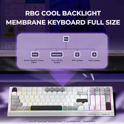 LEOBOG x Aula Wireless Keyboard 98 Keys Membrane Computer Keyboards | Silent Keyboard, 2000mAh Creamy Keyboard with Number Pad, Tri-Mode BT/2.4GHz/USB-C Connection for PC MAC Office Dorm Rooms
