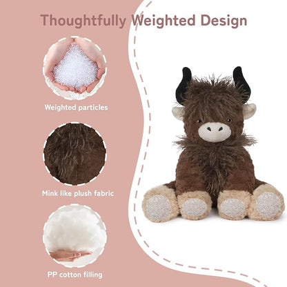 Niuniu Daddy 14" | 3.5 Pound Weighted Stuffed Animals Highland Cow, Weighted Plush Stuffy Realistic Scottish Cow Plushy for Kids Adults, Sitting Cuddly Toy Huggable Gift for Everyday Comfort