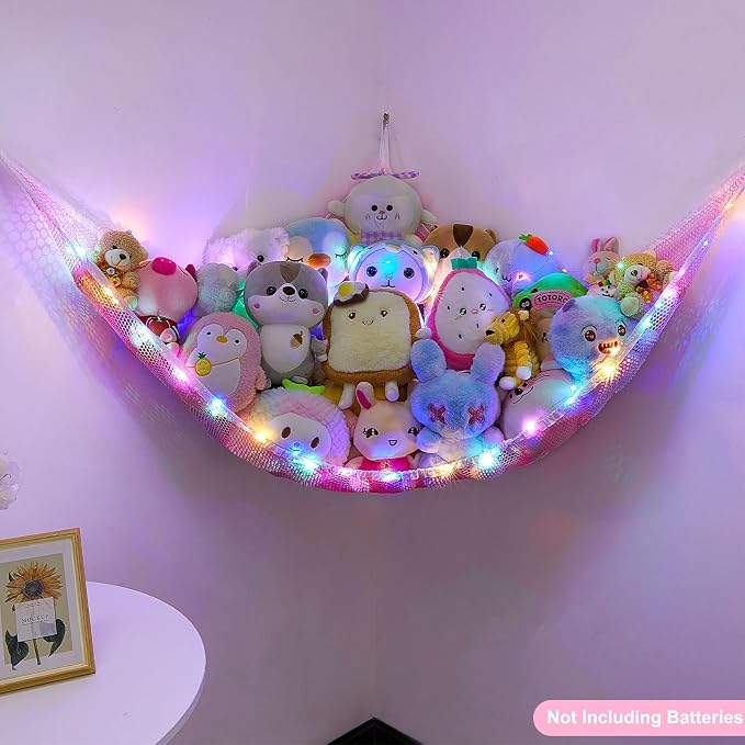 Unicorn Castle Stuffed Animals Net or Hammock Kids Toy Storage Organizer with LED Light Hanging Corner Stuffed Animals Holder Kids Girls Room Decor,Pink,Large (Pack of 1)