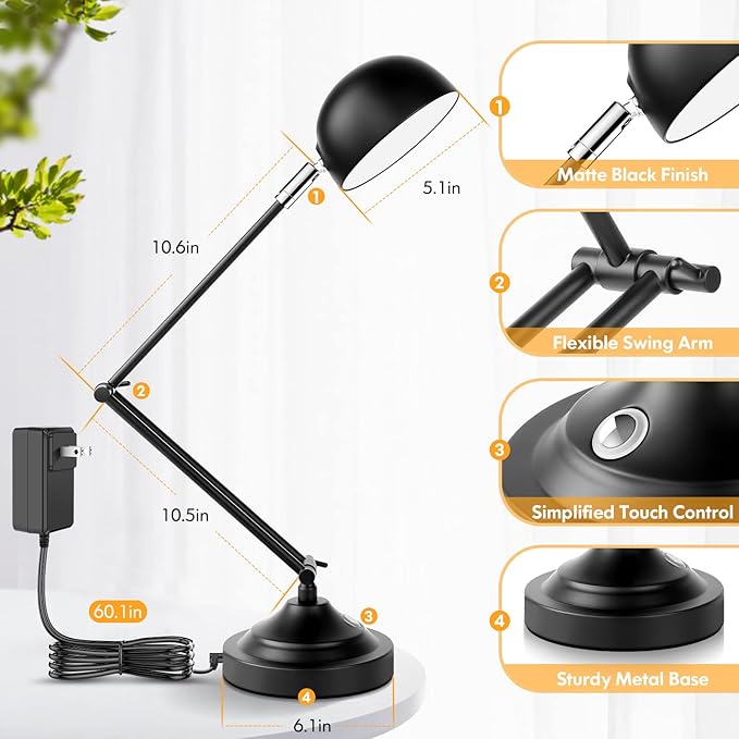 Touch Control LED Desk Lamp with USB Charging Port, Architect Black Metal Lamp with Adjustable Swing Arm, Dimmable Modern Table Lamp for Home Office Reading Study, 3000K/4000K/5000K 3 Color Modes
