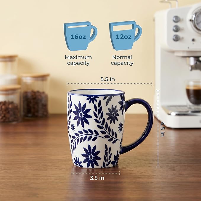 glowworm Coffee Mugs, 16 Ounce Ceramic Coffee Cups Set of 4, Blue & White | Large Latte Cups with Handle for Tea, Mocha, Milk, Perfect for Family Kitchen & Holiday Gifts, Dishwasher & Microwave Safe