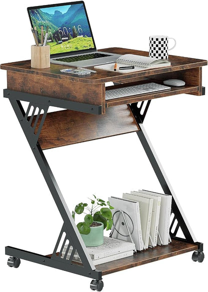 ALISENED Computer Desk for Small Spaces, 23.6" Z-Shaped Compact Study Table with Smooth Keyboard Tray with Wheels and Bottom Shelves for Home Office, Computer Cart Mobile Laptop Cart, Rustic Brown | 23.6" Z-Shaped, with Wheels and Bottom Shelves, for H...