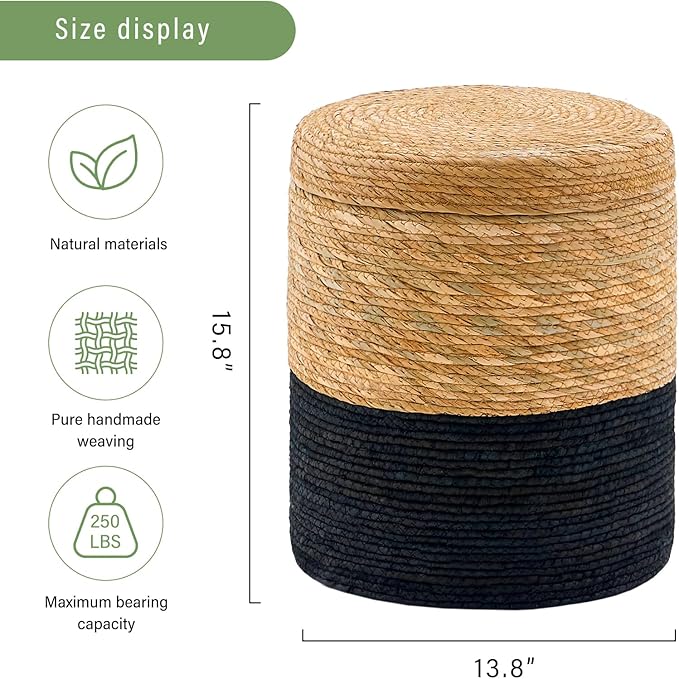Wimarsbon Round Pouf Ottomans, Handwoven Natural Water Hyacinth Seagrass Pouffe,Outdoor Rattan Stool Accent Seat, Bohemian Coastal Home Decor (Storage -14inch Natural Cattail & Black Corn Shell)