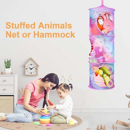 Basumee Stuffed Animals Net or Hammock 2 Pcs Stuffed Animals Storage Toy Net Hammock for Plushies Storage Organizer Mesh Kids Girls Room Decor, Blue and Purple, 3 Tiers