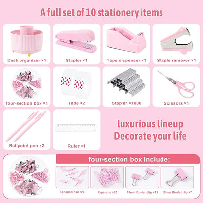 Gawsey Pink Desk Organizers and Accessories with Desk Organizer 360° Rotating Pen Holder and Office Supplies, Cute Stationery Supplies Set