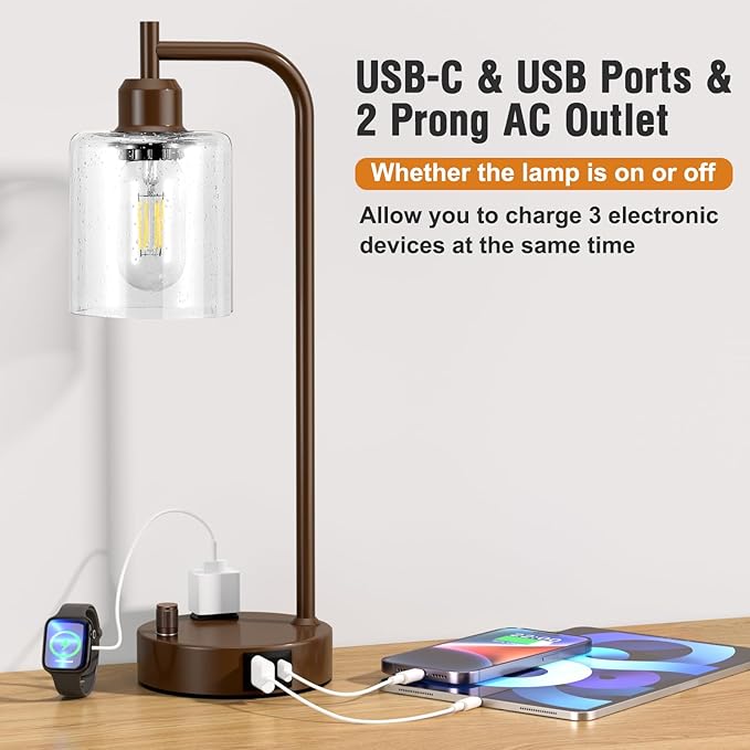 Innqoo Industrial Table Lamps for Bedrooms Set of 2 - Fully Dimmable Bedside Lamps with USB Ports and Outlet, Brown Nightstand Lamps with Glass Shade for Living Room, Desk Lamps for Office Reading