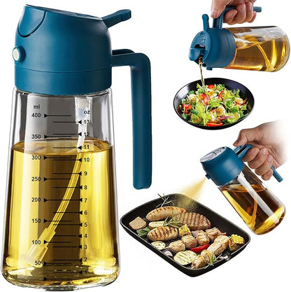 TrendPlain 16oz/470ml Glass Olive Oil Sprayer for Cooking - 2 in 1 Olive Oil Dispenser for Kitchen Gadgets, Air Fryer, Salad, and BBQ - Navy