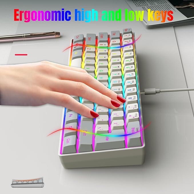 Snpurdiri 60% Wired Gaming Keyboard, 61 Keys RGB (Grey-White) | Backlit Small Gaming Keyboard for PC/Mac Gamer, Typist, Travel, Easy to Carry on Business Trip