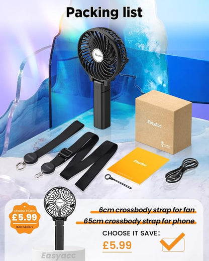 EasyAcc Handheld Fan Portable Rechargeable, Ultra Quiet &180° Foldable & Up 10 Hours & 3 Speeds Powered Personal Battery Foldable Adjustable Fan Home Travel Outdoor Office Black