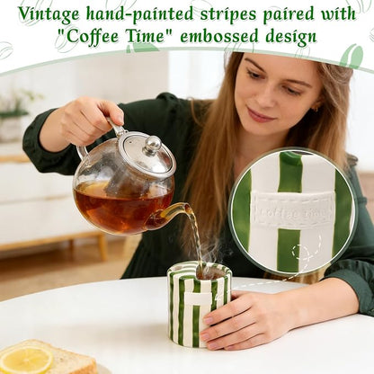 Ceramic Coffee Mug with Sip Hole 10oz Cute Espresso Cup | Unique Hand-Drawn Green and White Striped Design, Microwave and Dishwasher Safe, for Kitchen Dining, Office, Holiday Gift