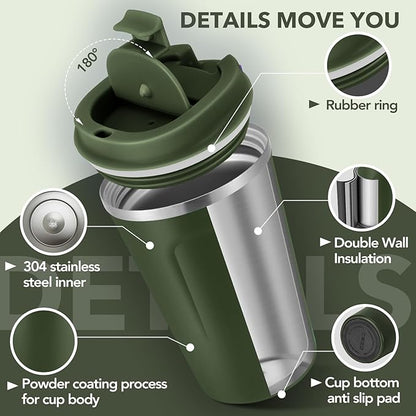 Volhoply 12 oz Double Wall Insulated Vacuum Travel Coffee Mug with Flip Lid Bulk 4 Pack,Reusable Stainless Steel Leak Proof Coffee Cup,Portable Thermal Tumbler for Hot & Cold Drinks(Army Green,8 Set)