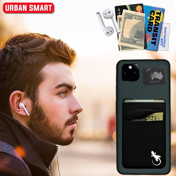 Double Pocket Gecko Phone Wallet - Smartphone Adhesive Card Holder - Cell Phone Pouch - Mobile Stick on Spandex Pocket by Gecko - Carry Credit Cards and Cash – (BLACK-WHITE)