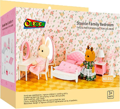 Family Dollhouse Bedroom Set — Bed, Pillows & Bedspread, Vanity with Mirror, Nightstand, Floor Mirror, Chair, Lamp, Coat Rack & Hangers — Dollhouse Furniture & Accessories for Ages 3+