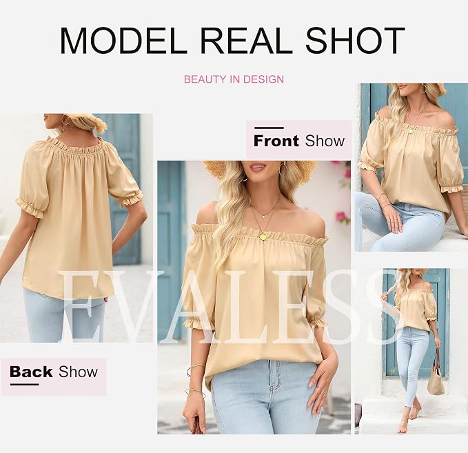 EVALESS Womens Tops Off The Shoulder Blouses for Women Dressy Casual Cute Puff Sleeve T Shirts Fashion 2026
