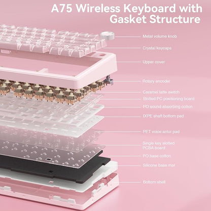 SOLAKAKA A75 Wireless Gaming Keyboard with Multifunction Knob, BT5.0/2.4GHz/USB-C, 75% Mechanical Keyboard, Hot-Swappable, Gasket Creamy Keyboard with RGB Backlit, Crystal Keycaps, for PC/Mac/PC