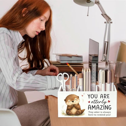 Positive Otter Pen Pencil Holder Desk Accessories Gifts for Women | Cute Otter Inspirational Pen Pencil Wooden Organizer Office Accessories Decorations for Dorm Room Bedroom Tabletop Desk Decor