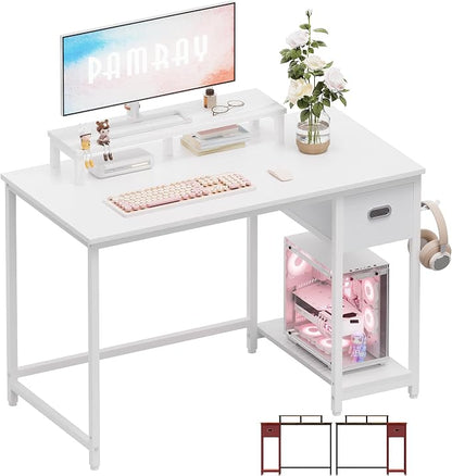Pamray 39 Inch Small Computer Desk with Monitor Stand and Drawer for Gaming | Small Gaming Desk, for Bedroom Small Spaces, Home Office, Dorm and Apartment, for Writing, Study and Working