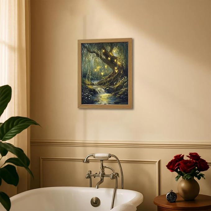 CXQILVER Vintage Enchanted Forest Framed Canvas Wall Art, Mystical Willow Tree and Glowing Butterflies Landscape Painting, Dark Cottagecore Nature Wall Decor for Bedroom Living Room Bathroom 12x16in