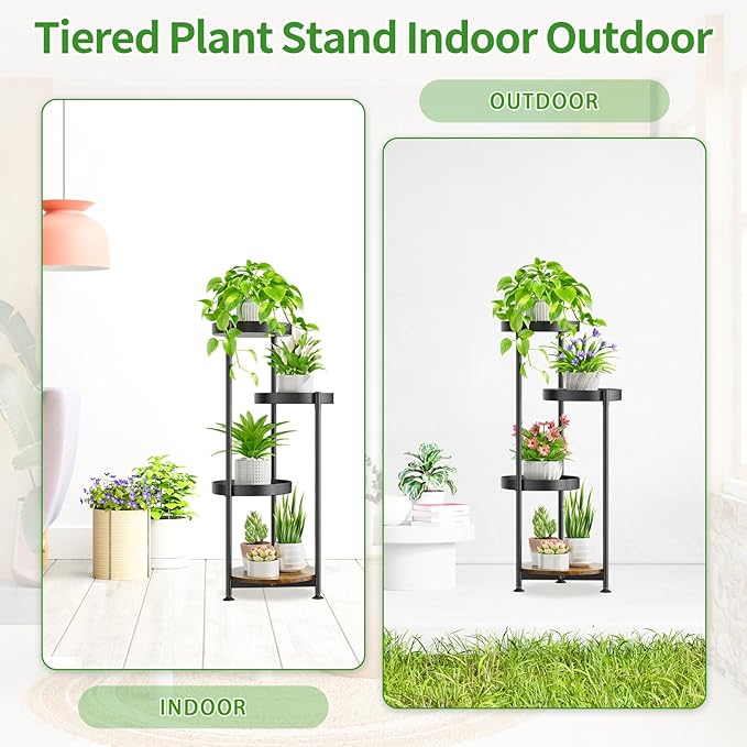 Plant Stand Indoor Outdoor Clearance, 4 Tier Metal Tall Flower Shelf Holder, Multiple Plant Round Corner Rack Organizer Display for Patio Orchid Office Porch Living Room Garden Balcony, Black