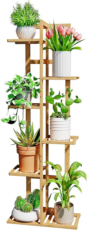 DolceLuna Plant Stand Indoor Corner, Tiered Bamboo Plant Shelf 46 Inch Tall, Plant Rack 6 Tier for Multiple Small Plants, Flower Holders for Living Room Bedroom Window Patio Balcony, Natural