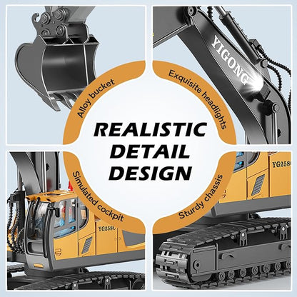 Remote Control Excavator Toy for Boys, 11-Channel Metal Construction Truck with Lights, 2 Batteries, 120-Min Playtime, RC Excavator Toys for Kids Ages 3-12, STEM Gift for Birthday