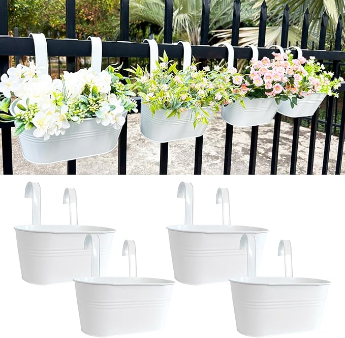 10" Hanging Flower Pots, Pack of 4 White Metal Outdoor Patio Balcony Planter, Railing Planters Fence Pot with Detachable Hook & Drainage Hole for Small Plants (White, 4Pcs)