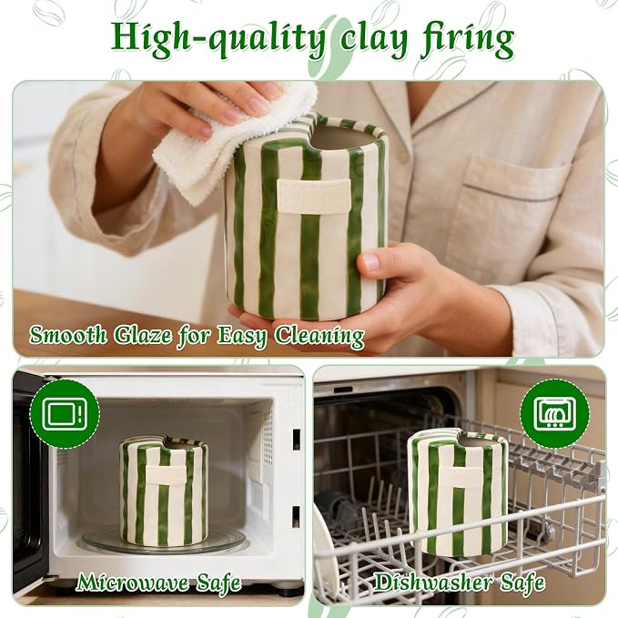 Ceramic Coffee Mug with Sip Hole 10oz Cute Espresso Cup | Unique Hand-Drawn Green and White Striped Design, Microwave and Dishwasher Safe, for Kitchen Dining, Office, Holiday Gift