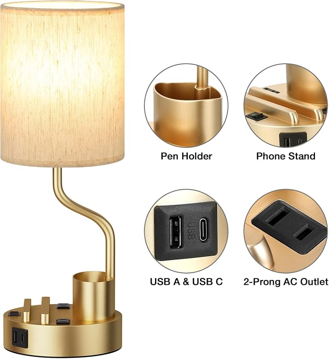 Fenmzee Bedside Lamps for Bedroom Set of 2 - Table Desk Lamp for Nightstand | 15" Table Lamp for Living Room with Pen Holder & Phone Stand, USB A+C Port, AC Outlet, 3 Color Temperature, LED Bulb Included