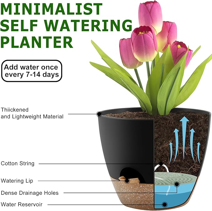 Plant Pots 10/9/8/7.5/7 Inch Self Watering Pots, Set of 5 Plastic Planters with Drainage Holes and Saucers,Plastic Flower Pots,Nursery Planting Pot for Indoor Out Door Plants(Black Brown)