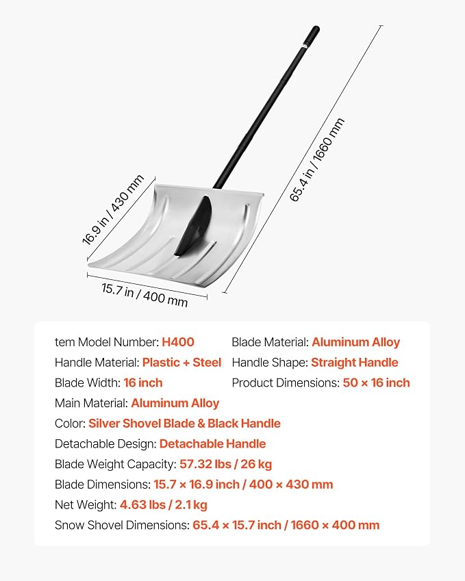 VEVOR Snow Shovel for Driveway, 16 in Wide Aluminum Alloy Snow Shovel, Non Slip Grip, Large Capacity Snowplow Shovels, Detachable & Lightweight Snows Removal Tool for Garden Car Camping Outdoors