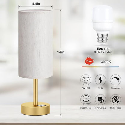 Dicoool Bedside Table Lamp for Bedroom - 3-Way Dimmable Touch Lamp, USB A+C | LED Bulb Included, 14" Small Nightstand Lamp for Desk, Living Room, Guest Room, Cream Fabric Lampshade, Gold Metal Base