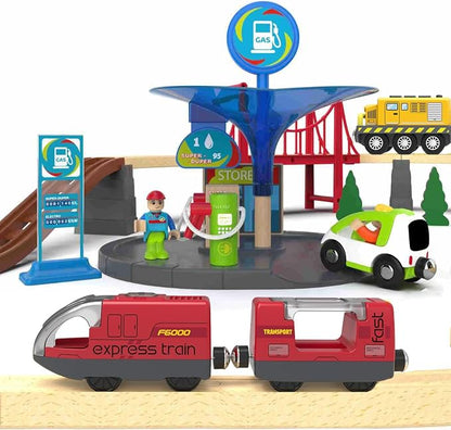 TOPLIVING Motorised Wooden Rail Train, Remote Control Train with Magnetic Connection, Battery Operated Locomotive Trains for Toddlers, Compatible with Thomas, Brio, Chuggington (Red)