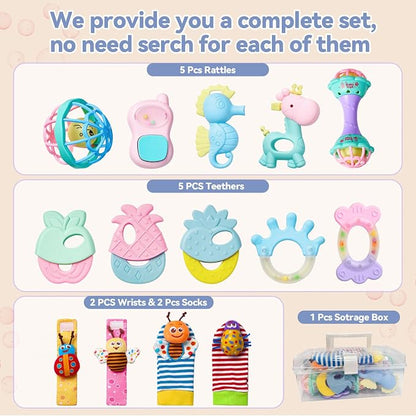 15PCS Rattles for Babies 0-6 Months - BPA-Free Baby Rattles 0-3, 6-12 Months for Newborn Soft Teething Toys Infant Toys with Wrist & Ankle Rattles, Baby Gift Set with Box for Hand-Eye Coordination