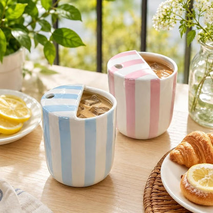 2 Pcs Ceramic Mug with Sip Hole 10 oz Novelty Pink Light Blue Striped Coffee Mug Hand Painted Ceramic Cup Heat Resistant Non Slip Built in One Lid Handcraft Mugs for Coffee Lovers Gift