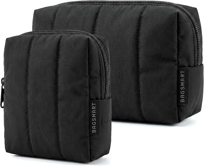 BAGSMART Puffy Padded Travel Makeup Bag Duo Large & Small for Women, Black | Puffy Padded, Travel Cosmetic Organizer with Slip-in Pockets, Large Toiletry Bag & Small Purse Pouch, Travel Essentials