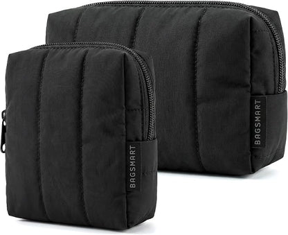 BAGSMART Puffy Padded Travel Makeup Bag Duo Large & Small for Women, Black | Puffy Padded, Travel Cosmetic Organizer with Slip-in Pockets, Large Toiletry Bag & Small Purse Pouch, Travel Essentials