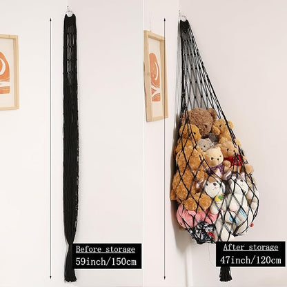 Amdermi Stuffed Animal Hammock Corner Hanging Net for Stuffy Animal Storage Macrame Toy Display Plushie Toy Holder-Perfect for The Tiny Space Walls, Kid Bedroom Decor Playroom Organizer (Black)
